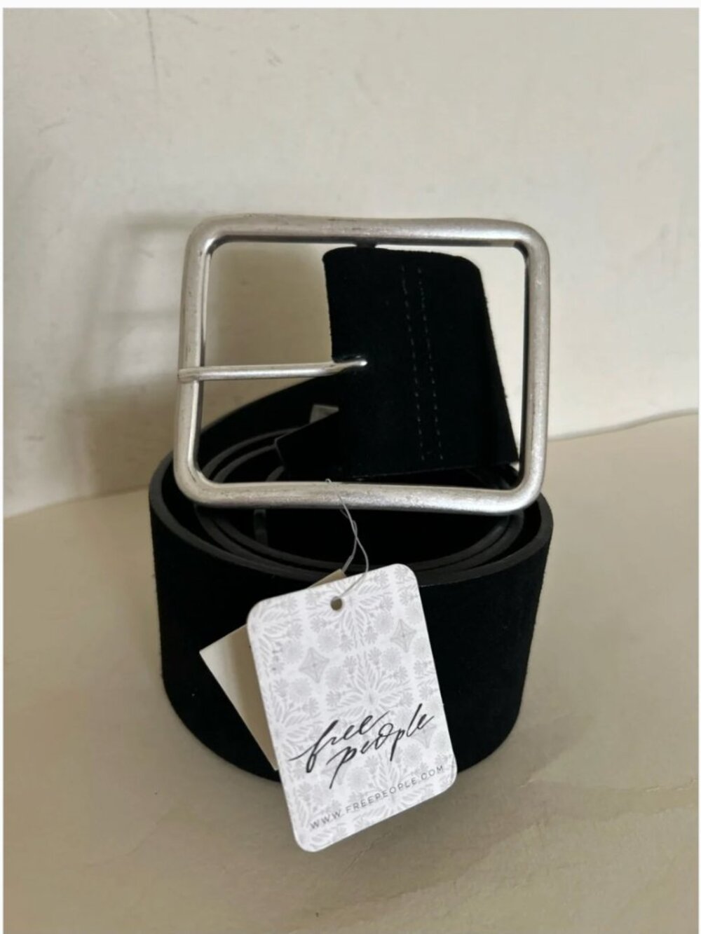 Free People NWT Suede Leather Black Wide Silver Buckle Belt New with tag M/L